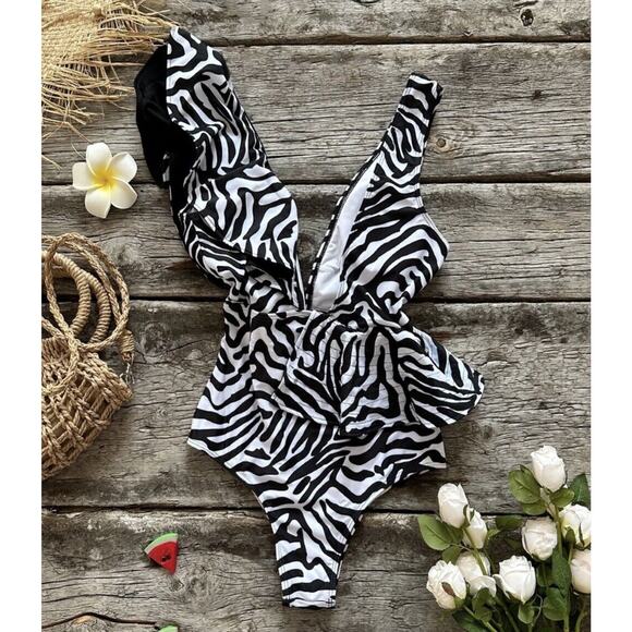 Women One Piece Swimsuit Sexy Zebra V Neck Small Swimwear Ruffle Bathing Beach - Picture 2 of 11